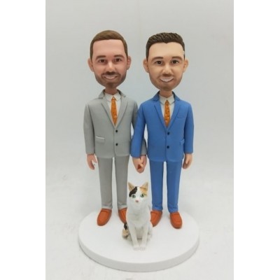 Figurine Custom bobblehead wedding gay "With our Cat"
